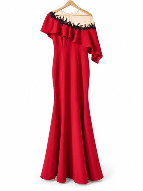 Marchesa Notte NWT Red Beaded Illusion Ruffle Evening Gown Size 4